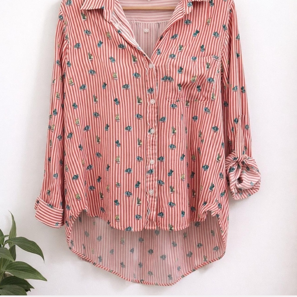 Velvet Heart Red Striped Button-Down Shirt with Small Cactus Print- High Low Hem